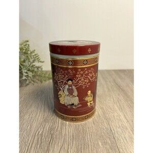Vintage Asian Round Metal Tea Tin Screw Top Plastic Lined Red Black Gold